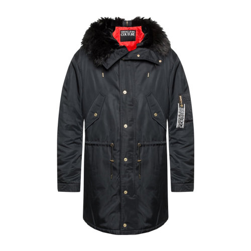 VERSACE JEANS/范思哲牛仔 男士黑色滌綸毛皮邊飾連帽外套夾克大衣 C5GUA909-25013-899