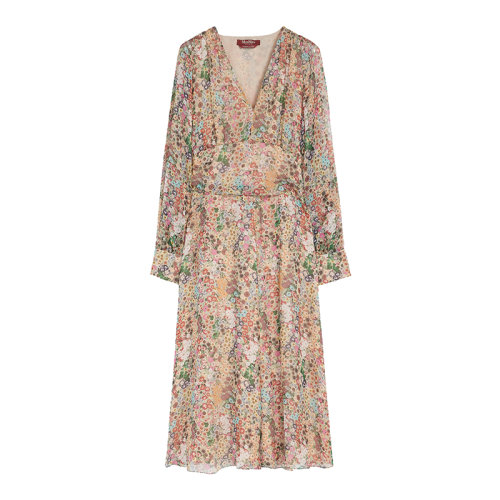 MaxMara/麥絲瑪拉 22年早春新款 GAZZA系列 女士黃色/綠色真絲雪紡碎花連衣裙6221042706001