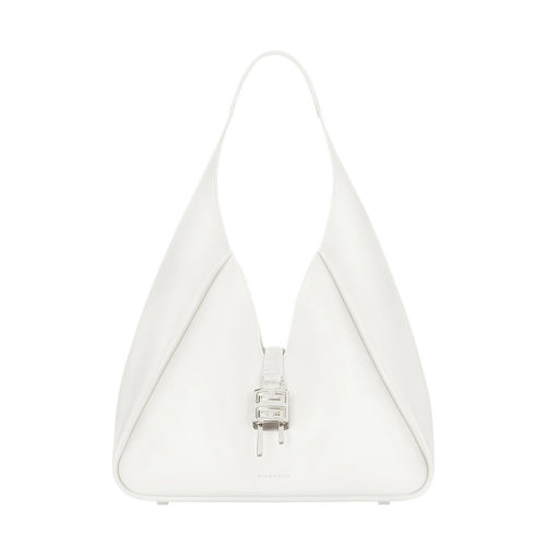 Givenchy/紀(jì)梵希 22新款 G-Hobo系列 女士中號(hào)白色粒面小牛皮鱷魚(yú)壓紋肩帶同色系掛鎖皮革手柄銀色飾面單肩腋下包BB50QSB1LY-105
