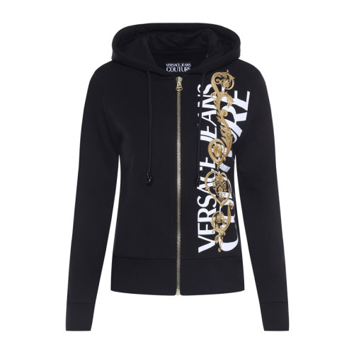 VERSACE JEANS/范思哲牛仔 女士黑色棉質(zhì)經(jīng)典字母徽標(biāo)印花裝飾拉鏈開(kāi)合長(zhǎng)袖上衣外套 B6HVB71T-30318-K42