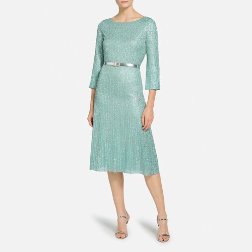 St.John/盛薔藍(lán)色金屬感修身針織禮服女士連衣裙K1200K2