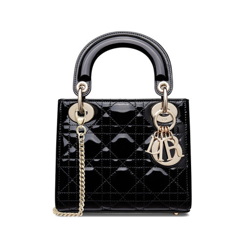 DIOR/迪奧 20 Lad Dior系列 女士黑色漆皮小牛皮戴帶鏈戴妃手提包 M0505OWCB_M900