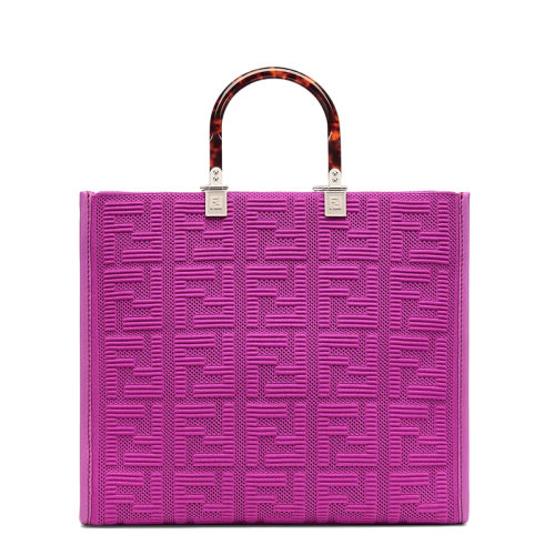 FENDI/芬迪 SUNSHINE系列 女士中號(hào)紫色FF布料玳瑁殼效果硬質(zhì)樹(shù)脂玻璃手柄單肩手提包8BH386AHWCF037T