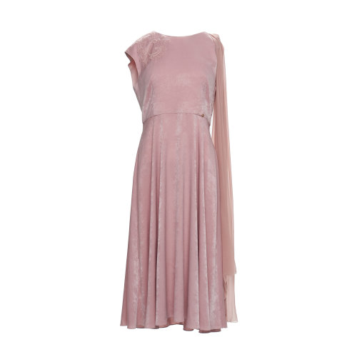 HUI/卉 女士連衣裙20春夏新款裸粉色真絲不規(guī)則披肩連衣裙