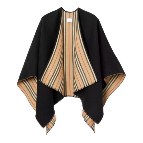 BURBERRY/博柏利 黑色圖標(biāo)條紋細(xì)節(jié)羊毛披肩80184961