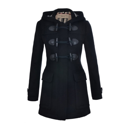 Burberry/博柏利  女裝 服飾 黑色連帽羊毛牛角扣中長款時尚休閑 女士大衣外套 3887508