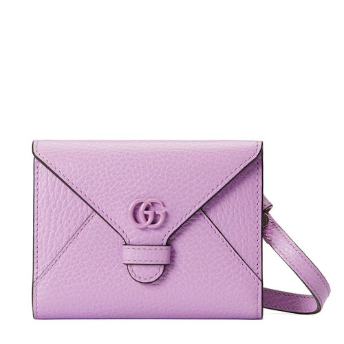GUCCI/古馳 22新款GG Marmont系列 女士淡紫色皮革同色系GG扣配可拆卸長(zhǎng)肩帶翻蓋開(kāi)合多卡槽卡片夾單肩掛脖手拿信封包70107317WFF5416