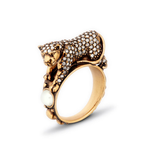 DIOR/迪奧 22新款 女士仿古金色金屬白色樹(shù)脂珠配銀色水晶鑲嵌老虎戒指R1318WOMCY_D09S