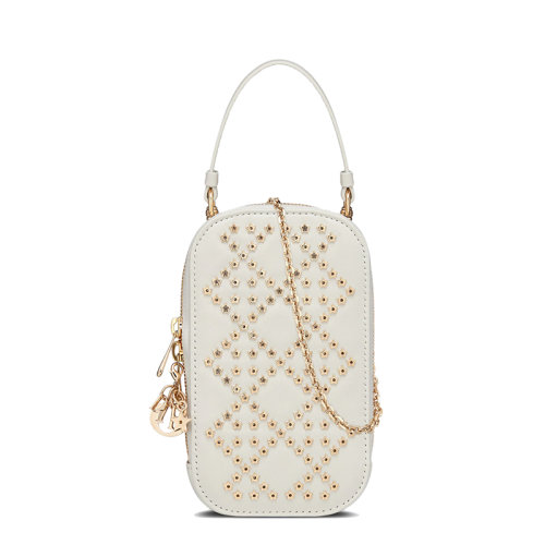 DIOR/迪奧 22新款LADY DIOR系列 女士奶白色羊皮革星星圖案藤格紋拉鏈開合單肩斜挎手提包手機(jī)袋S0872ONHB_M030