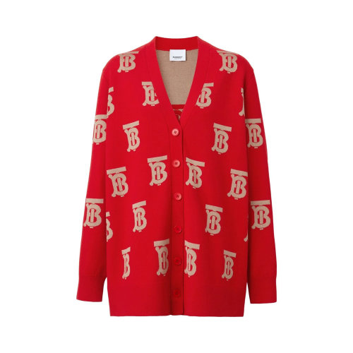 BURBERRY/博柏利 女士紅色羊毛混紡真絲TB徽標(biāo)圖案V領(lǐng)針織衫開衫 8052722