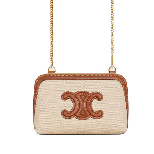 CELINE/賽琳 23春夏新款 女士自然色/棕褐色織物配皮拉鏈開合金色鏈條肩帶單肩斜挎手拿包10E382DTL.02NT