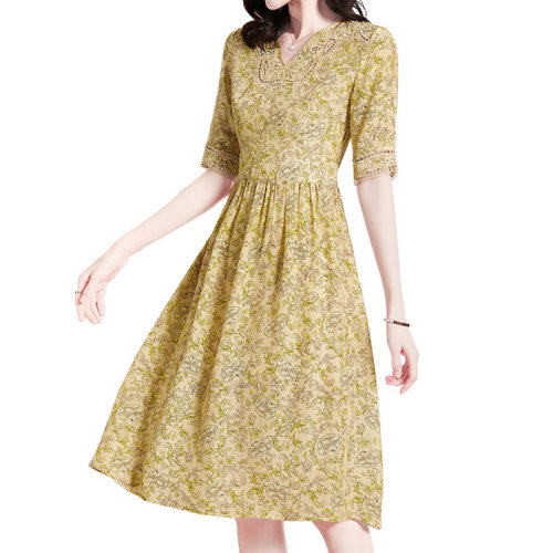 GeleiStory/GeleiStory 夏季新款杭州真絲連衣裙女氣質(zhì)中長(zhǎng)款V領(lǐng)短袖碎花桑蠶絲a字裙女裝＞女士裙裝＞女士連衣裙