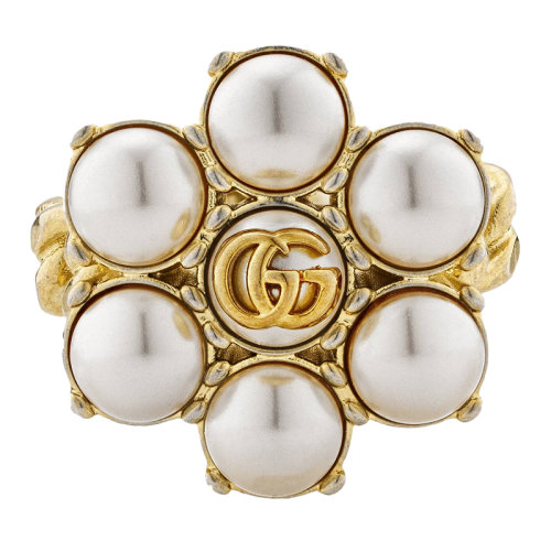 GUCCI/古馳  金屬鍍金 雙G玻璃珠戒指 645671I46208078