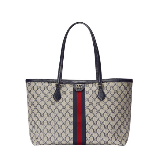 Gucci/古馳 22春夏新款Ophidia系列 女士中號米色/藍(lán)色提花帆布紅藍(lán)織帶雙G老花雙提手托特包 63168596IWN4076