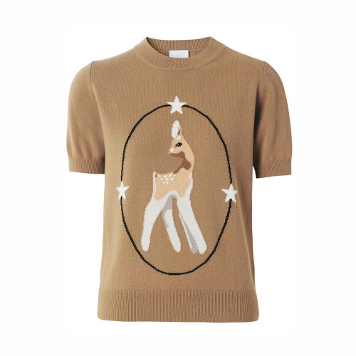 BURBERRY/博柏利 女士棕色羊毛混紡羊絨小鹿圖案印花裝飾圓領短袖上衣T恤 8048460