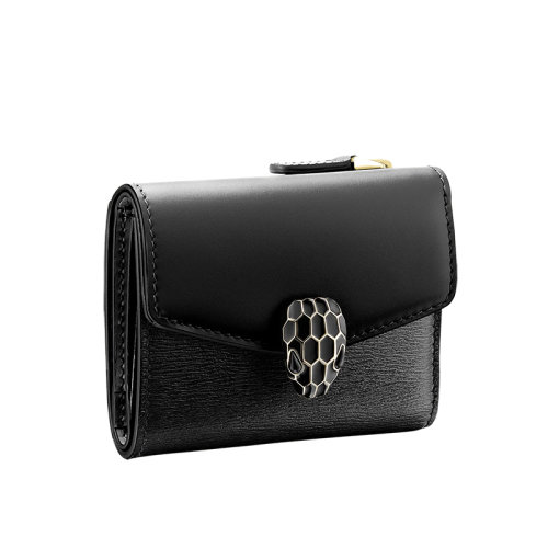 BVLGARI/寶格麗  SERPENTI FOREVER系列 女士黑色小牛皮和山羊皮黑色琺瑯經(jīng)典標(biāo)志性蛇頭扣錢包290317