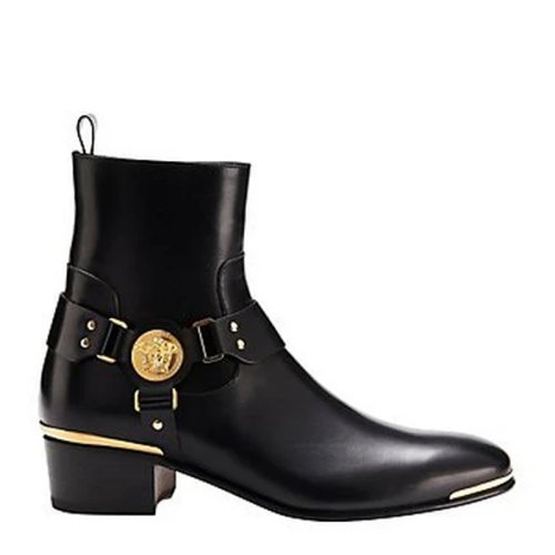 VERSACE JEANS/范思哲牛仔 女士黑色皮革經(jīng)典美杜莎頭像裝飾中跟靴粗跟靴低筒靴踝靴短靴女靴 DSU5276-DVG3C-D410