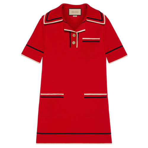 GUCCI/古馳 Theouverture系列 女士美精紅色真絲棉混紡針織polo連衣裙661678XKBSK6117