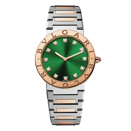 BVLGARI/寶格麗 Bvlgari系列鑲鉆款18K金玫瑰金和精鋼表殼表鏈雕刻雙徽標(biāo)的18K金玫瑰表圈太陽緞面綠色烤漆表盤 33毫米