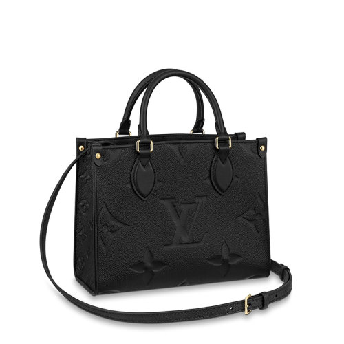 Louis Vuitton/路易威登 Onthego PM系列 女士黑色徽標(biāo)印花粒面牛皮雙手柄斜挎單肩包M45653