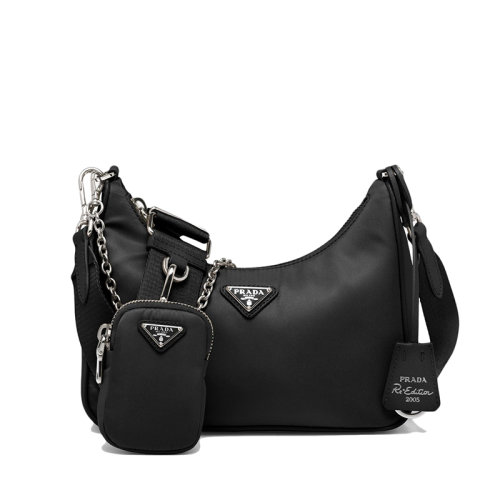 PRADA/普拉達(dá) 經(jīng)典Re-Edition 2005系列 女士黑色再生尼龍皮革飾邊涂琺瑯金屬三角形徽標(biāo)三合一單肩斜挎手提包1BH204_R064_F0002_V_V9L