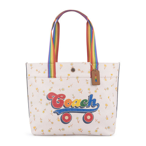COACH/蔻馳女士拼色經(jīng)典字母徽標(biāo)彩虹滑板印花磁扣開(kāi)合彩虹肩帶單肩包手提包托特包購(gòu)物包女包 C4099IMCAH