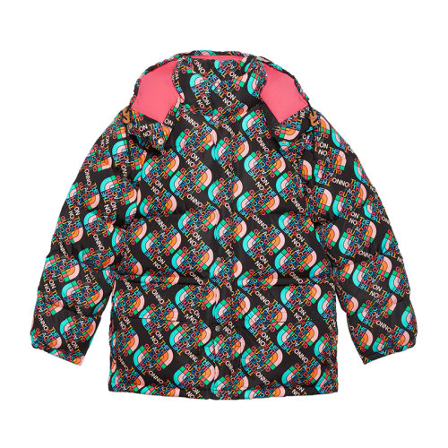 GUCCI/古馳 22秋冬款 The North Face聯(lián)名系列 女士黑色聚酰胺飾有彩色印花LOGO圖案拉鏈按扣開合可拆卸風(fēng)帽羽絨服?672452XAAET1075