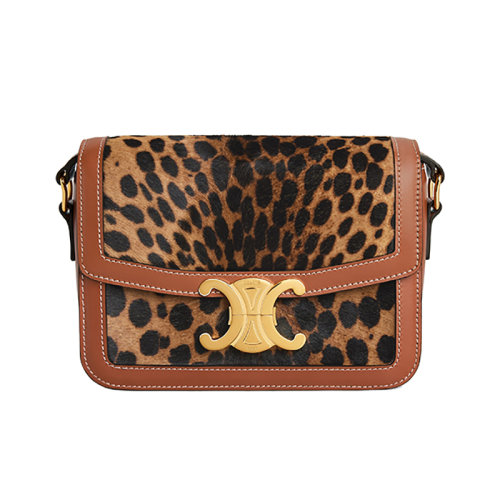 CELINE/賽琳 22新款TRIOMPHE TEEN系列 女士自然色/棕褐色小牛皮配豹紋印花金扣單肩斜挎包188883EH3.02NT