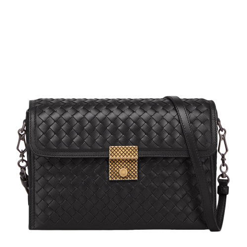 Bottega Veneta/葆蝶家 INTRECCIATO系列女士黑色羊皮經(jīng)典編織款時尚翻蓋小號單肩包斜挎包郵差包女包 463700-AUQ3-1000