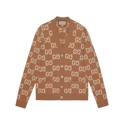 GUCCI/古馳 【22秋冬新款】 男士羊毛V領(lǐng)針織衫羊毛衫毛衣開(kāi)衫GG提花老花圖案 694758 XKCC5