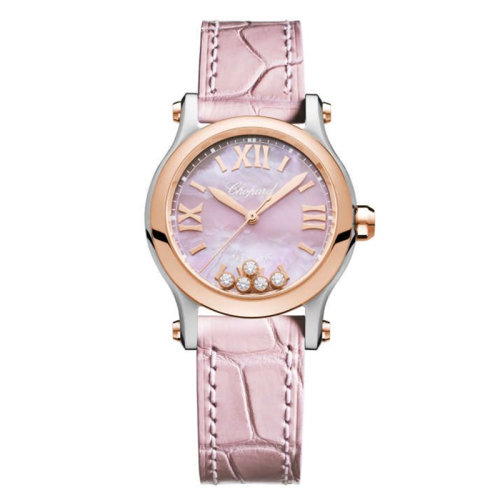  Chopard/蕭邦  Happy Sport系列 自動(dòng)機(jī)械表精鋼玫瑰金表殼粉珍珠母貝皮質(zhì)表帶女表30毫米278573-6011