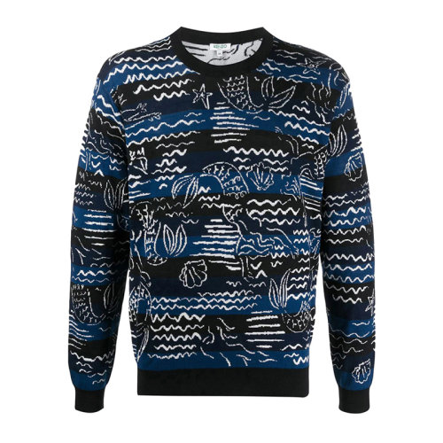 Kenzo/高田賢三 男士 服裝  純棉藍(lán)色美人魚(yú)的跳線印花針織衫 男士毛衣針織衫