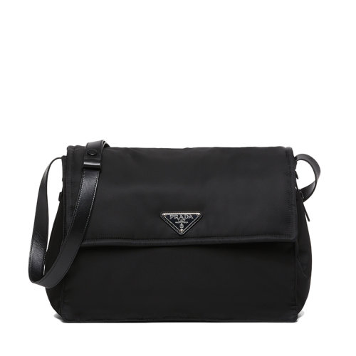 PRADA/普拉達  男士黑色再生尼龍可調式皮革肩帶金屬配件磁扣開合大號加襯單肩包1BD256_RDLN_F0002_V_OOO