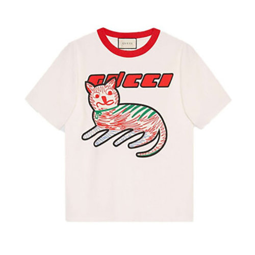 GUCCI/古馳  新款白色涂鴉貓咪女士短袖T恤   bi