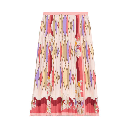 GUCCI/古馳 22年秋冬新款 Lovelight系列 女士紅色/粉色桑蠶絲花卉互扣式雙G菱形印花褶裥半身裙百褶裙?703372ZAKLT2404