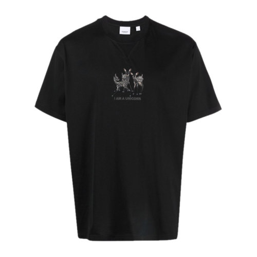 BURBERRY 博柏利 巴寶莉 男士 服裝 21早秋 黑色圓領(lǐng)刺繡鹿圖案棉質(zhì)寬松T 恤衫 男士短袖T恤