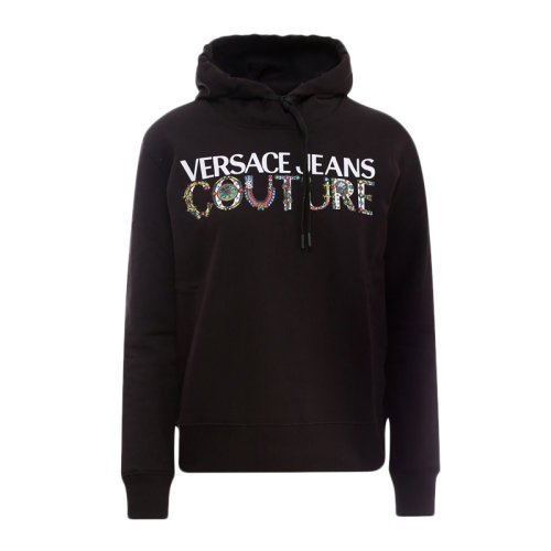 VERSACE JEANS/范思哲牛仔 女士黑色棉質經典字母徽標印花裝飾長袖上衣衛(wèi)衣連帽衫運動衫套頭衫 71HAIF04-CF00F-899