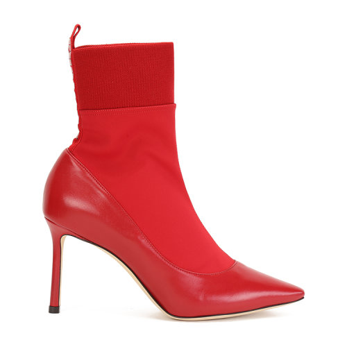 Jimmy Choo/周仰杰 紅色皮革拼接彈性織物 細高跟 女士短靴