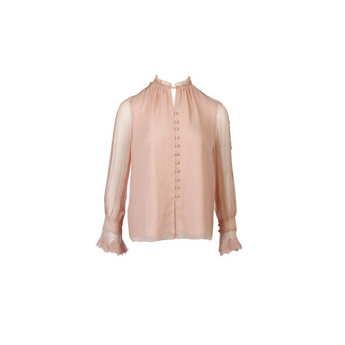 HUI/卉 女士長(zhǎng)袖襯衫20春夏新品淺粉色蕾絲袖口真絲襯衫