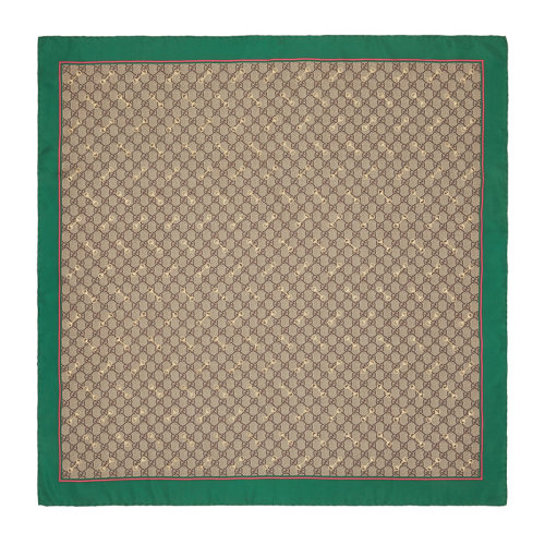 GUCCI/古馳 女士綠色米色和烏木色GG圖案馬銜扣真絲圍巾6625763G0013172