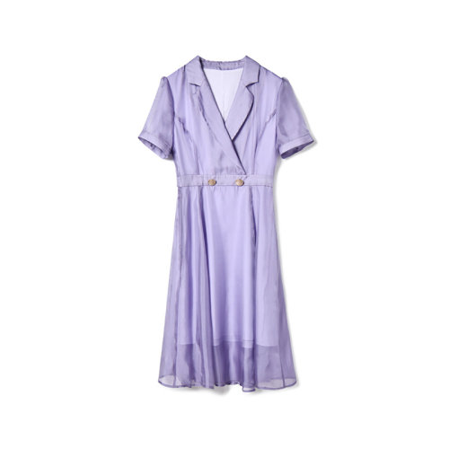 GeleiStory/GeleiStory  春夏新款法式氣質(zhì)輕薄透氣紗感西裝領(lǐng)短袖收腰中長(zhǎng)連衣裙   女裝＞女士裙裝＞女士連衣裙