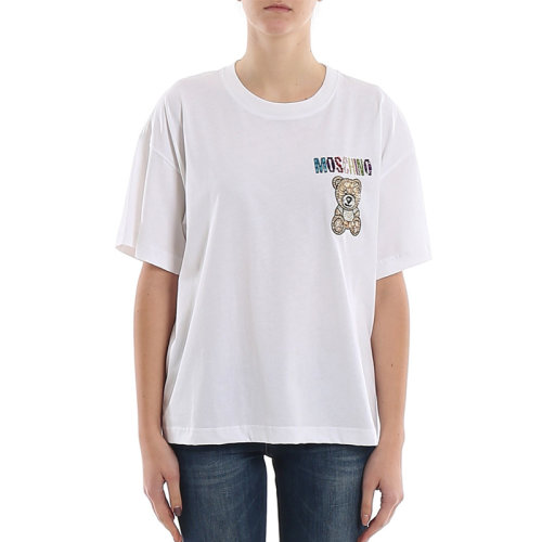MOSCHINO/莫斯奇諾 女士白色棉質(zhì)經(jīng)典字母徽標(biāo)小熊圖案裝飾圓領(lǐng)短袖上衣T恤 V0710-0540-1001