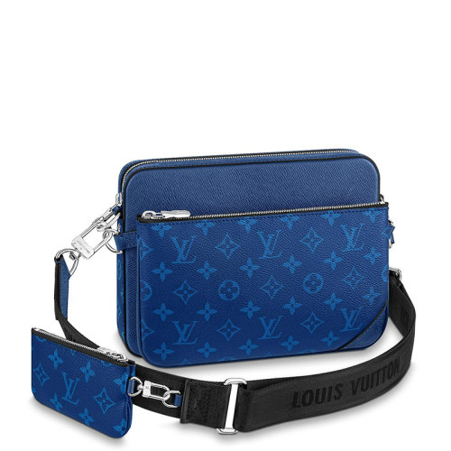 Louis Vuitton/路易威登 22春夏新款TRIO系列 男士藍(lán)色老花帆布配皮銀扣配可拆卸小袋單肩斜挎郵差包M30848