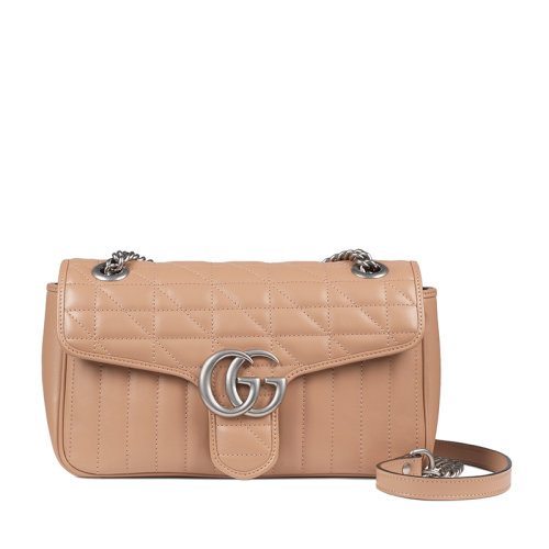 GUCCI/古馳  GG Marmont系列 女士小號玫瑰米色絎縫皮革復(fù)古銀飾雙G翻蓋斜挎單肩包??443497UM8AN2754