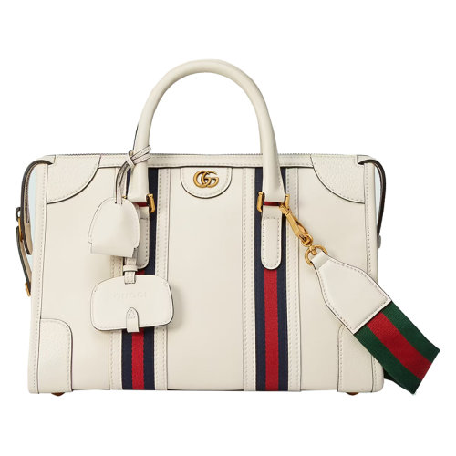 GUCCI/古馳 22新款 Exquisite系列 女士中號白色皮革金扣飾紅綠條紋織物金色飾面細節(jié)拉鏈開合單肩手提包715666AAA0O9041