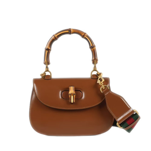 GUCCI/古馳  女士小號(hào)棕色皮革竹節(jié)配件附皮革和織帶互換肩帶竹子提手飾面斜跨單肩手提包67579710ODT2579