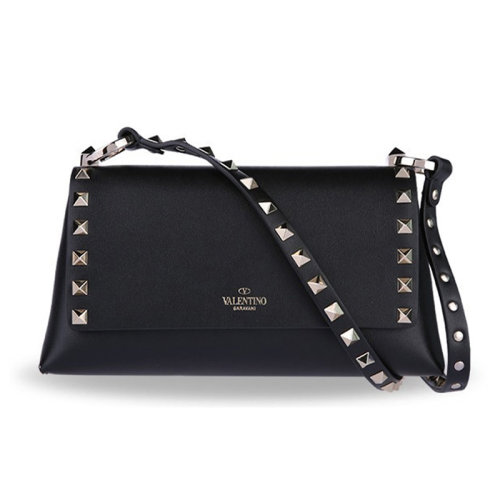 Valentino/華倫天奴  女包女士黑色皮革時尚百搭品牌字母鉚釘裝飾斜挎包單肩包   UW2P0U13BOL 0NO
