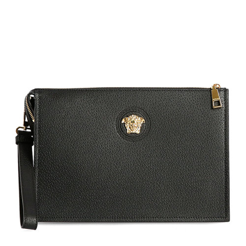 VERSACE/范思哲 男士黑色小牛皮美杜莎頭像徽標(biāo)拉鏈開(kāi)合錢包卡包手包腕包手拿包男包 DP87631-DGOVV-D41OH