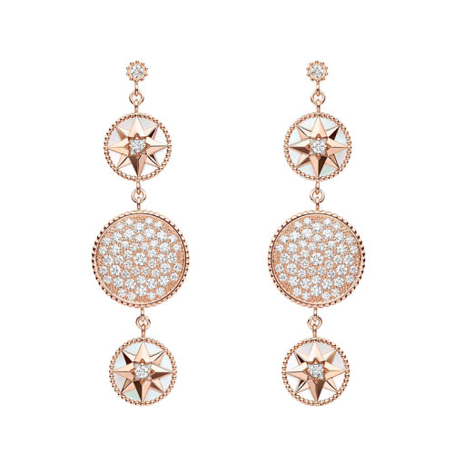 DIOR/迪奧 Rose des vents羅盤系列 18K金玫瑰金鑲嵌鉆和白色珍珠貝母風(fēng)玫瑰羅盤耳環(huán) JRDV94025_0000