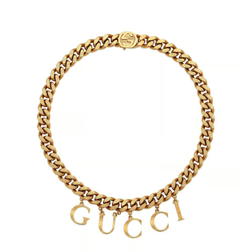 GUCCI/古馳 22新款 男女同款金色金屬飾大號徽標字母吊飾雙G扣馬銜索鏈式短款項鏈吊墜675769I46008005